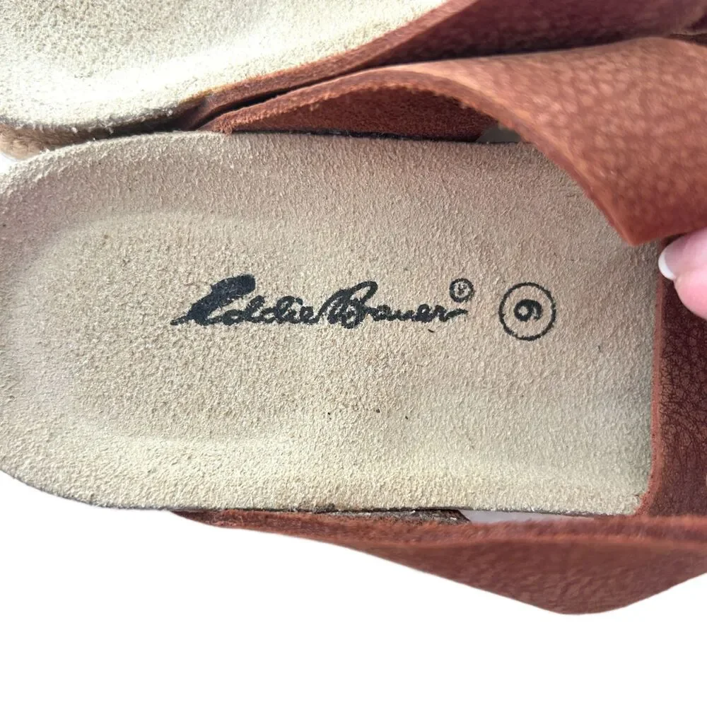 💐 Eddie Bauer Sandals 6 Brown Leather Shoes Slip On Slides Boho Hippie Gorpcore - Picture 6 of 7